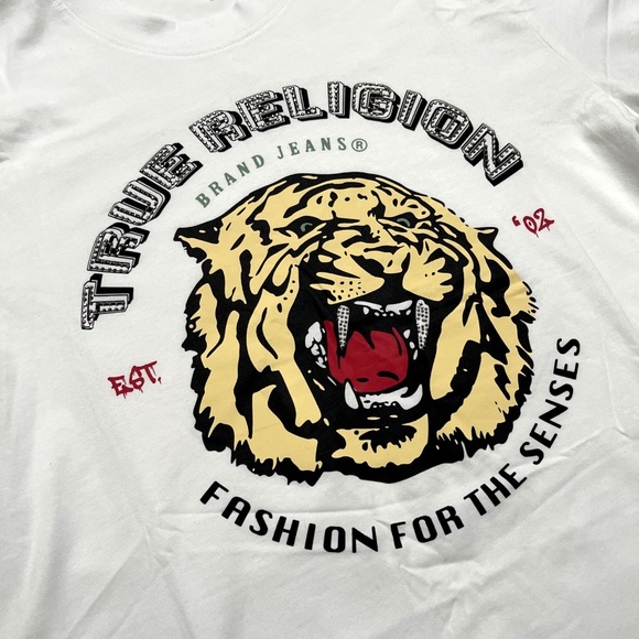 NWT TRUE RELIGION Tiger Print Crew Tee T-shirt White Size M Rhinestones Cotton - Picture 5 of 8
